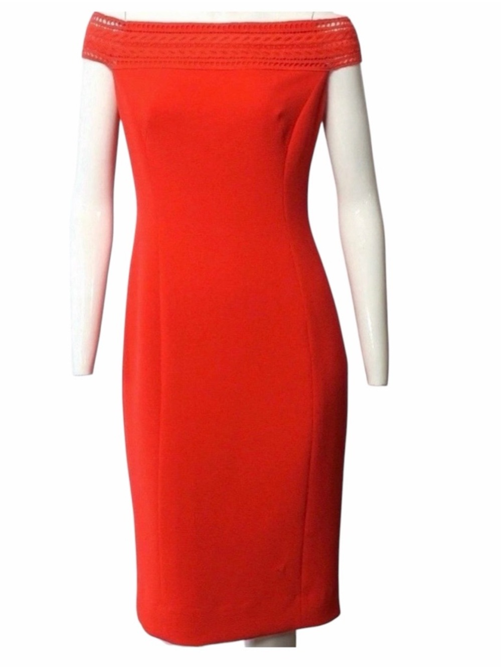 Antonio Melani Red Crepe Crochet Trim Off The Shoulder Midi Dress 6